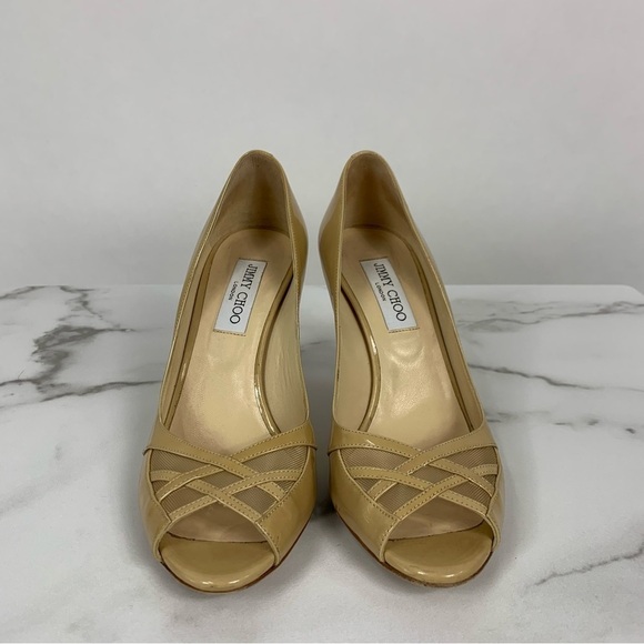 Jimmy Choo Maven Beige Tan Patent Mesh Crisscross Peep Toe Pumps 39.5 - Picture 2 of 13